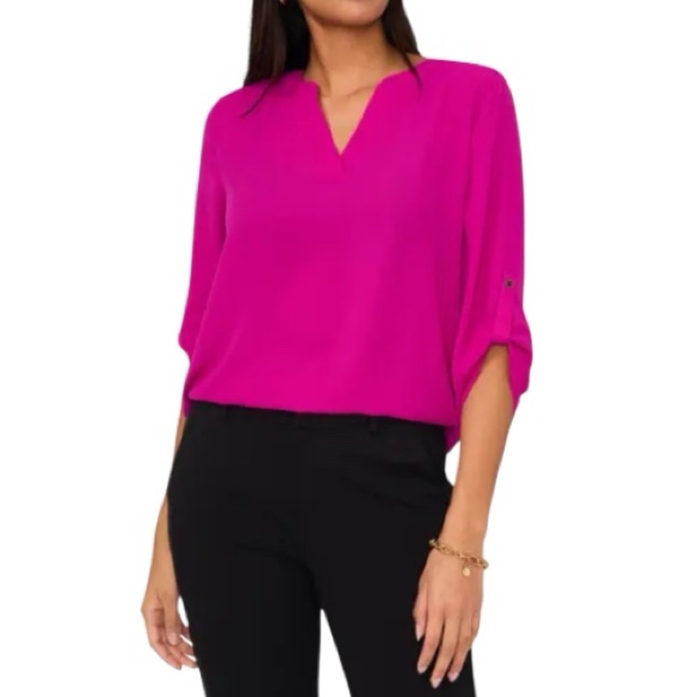 CHAUS Split Neck Blouse in Pink Allure (M)